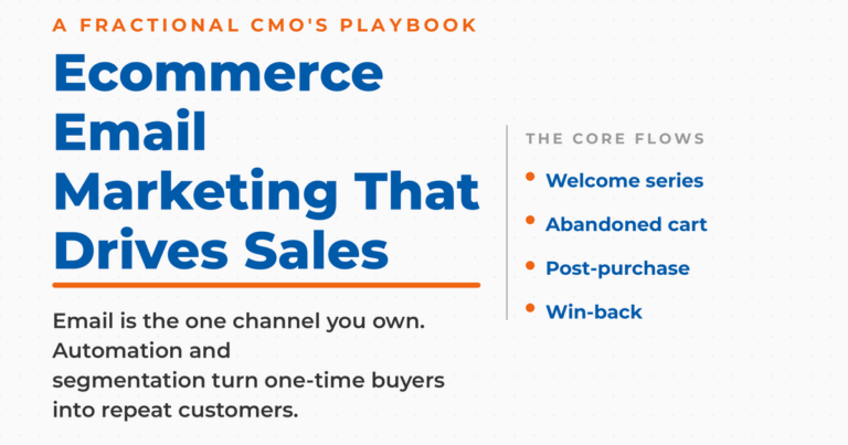 Neal Schaffer featured graphic reading "Ecommerce Email Marketing That Drives Sales," a Fractional CMO's playbook, listing the core automation flows: welcome series, abandoned cart, post-purchase, and win-back.