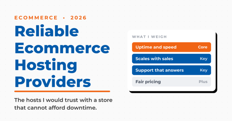 Neal Schaffer branded title card for reliable ecommerce hosting providers, ranked by uptime, scale, support, and price.