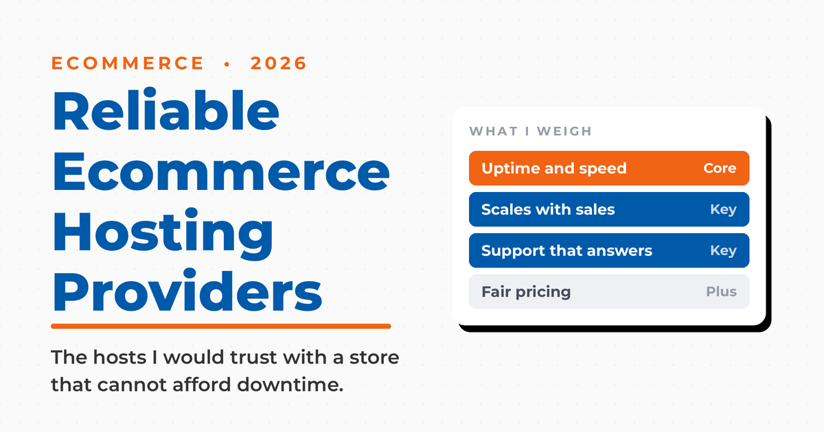 Neal Schaffer branded title card for reliable ecommerce hosting providers, ranked by uptime, scale, support, and price.