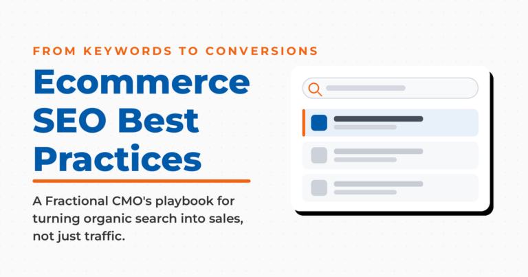 Featured graphic reading "Ecommerce SEO Best Practices," kicker "from keywords to conversions," beside a stylized search-results panel with the top result highlighted.