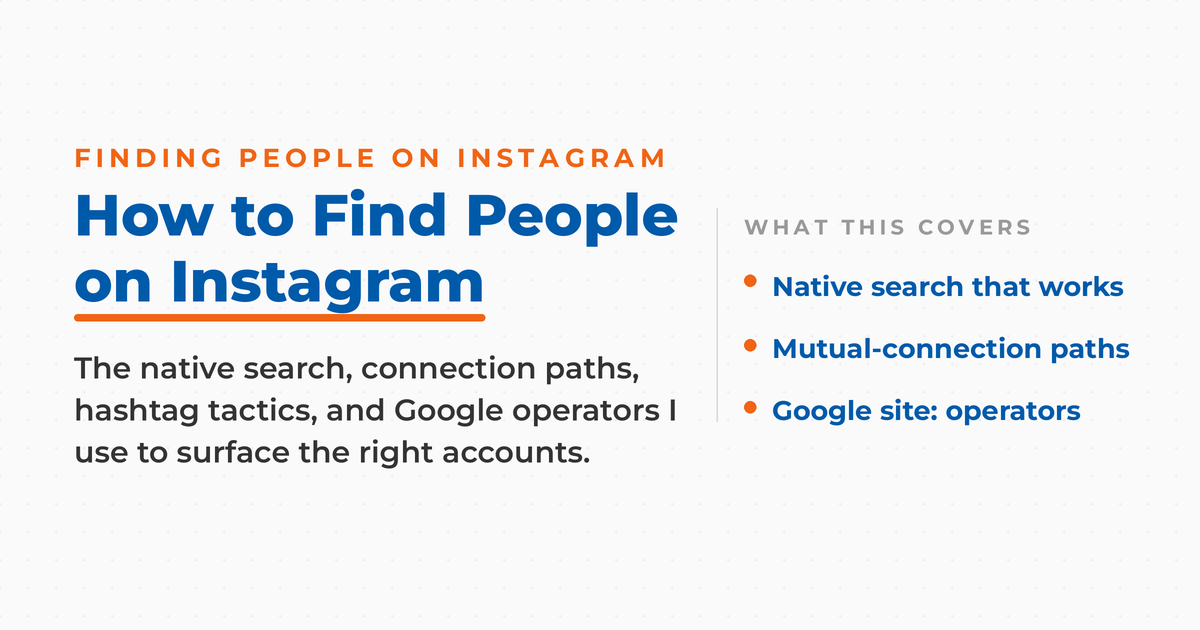 Neal Schaffer title card for How to Find People on Instagram, covering native search, mutual connections, hashtag tactics, and Google site: operators.
