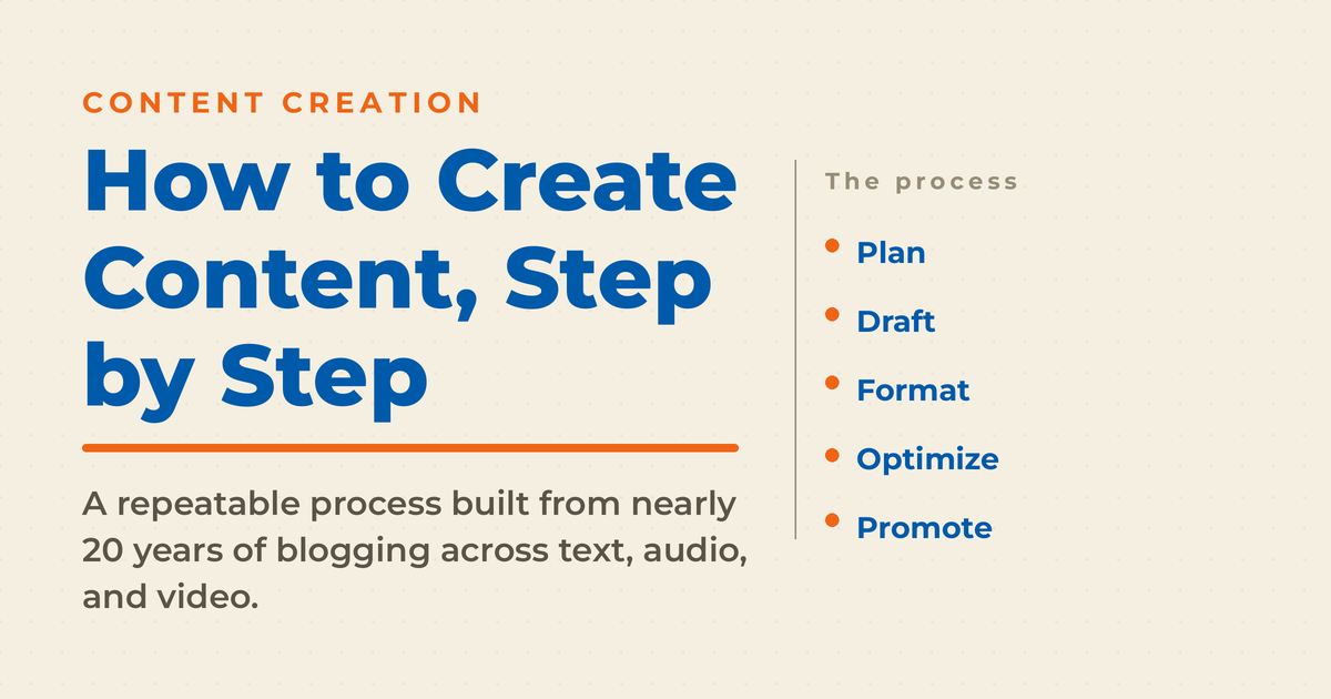Neal Schaffer branded graphic titled How to Create Content, Step by Step, listing the five-phase process: Plan, Draft, Format, Optimize, Promote.