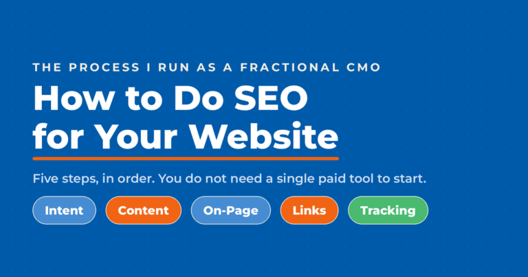 Featured graphic titled "How to Do SEO for Your Website," with a kicker reading "the process I run as a Fractional CMO" and five framework pills labeled Intent, Content, On-Page, Links, and Tracking.