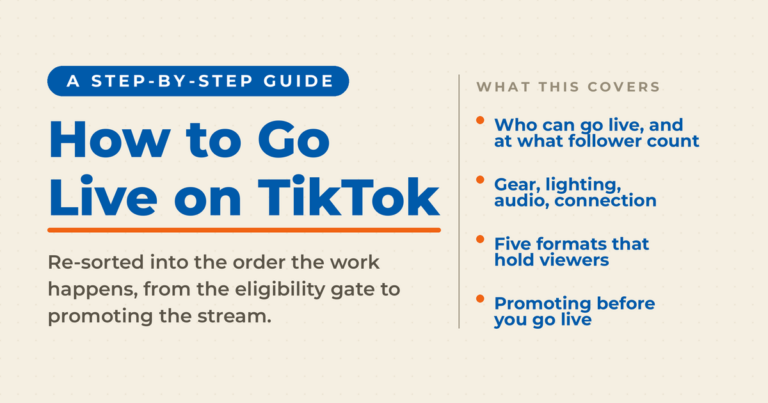 Cream featured graphic reading "How to Go Live on TikTok" with a what-this-covers list: who can go live and at what follower count, gear and lighting and audio and connection, five formats that hold viewers, and promoting before you go live.