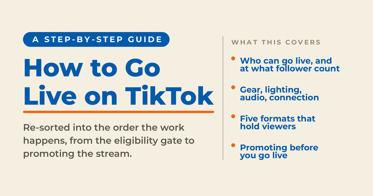 Cream featured graphic reading "How to Go Live on TikTok" with a what-this-covers list: who can go live and at what follower count, gear and lighting and audio and connection, five formats that hold viewers, and promoting before you go live.
