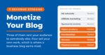 Card titled Monetize Your Blog listing seven blog revenue streams tagged rented or owned: ad networks, affiliate marketing and sponsored content are rented; digital products, memberships, services and physical products are owned.