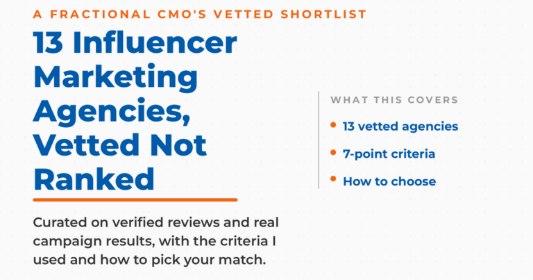 Featured graphic reading "13 Influencer Marketing Agencies, Vetted Not Ranked," with the kicker "a Fractional CMO's vetted shortlist" and a side list covering 13 vetted agencies, a 7-point criteria, and how to choose.