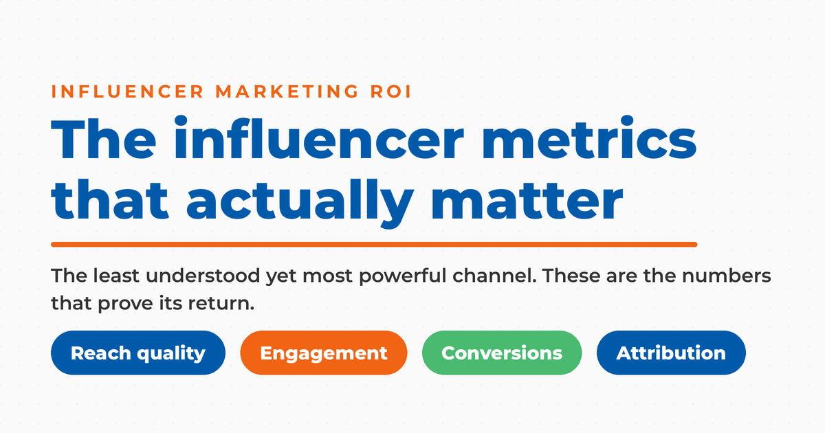 Branded graphic on the influencer marketing metrics that matter, with pills for reach quality, engagement, conversions, and attribution.