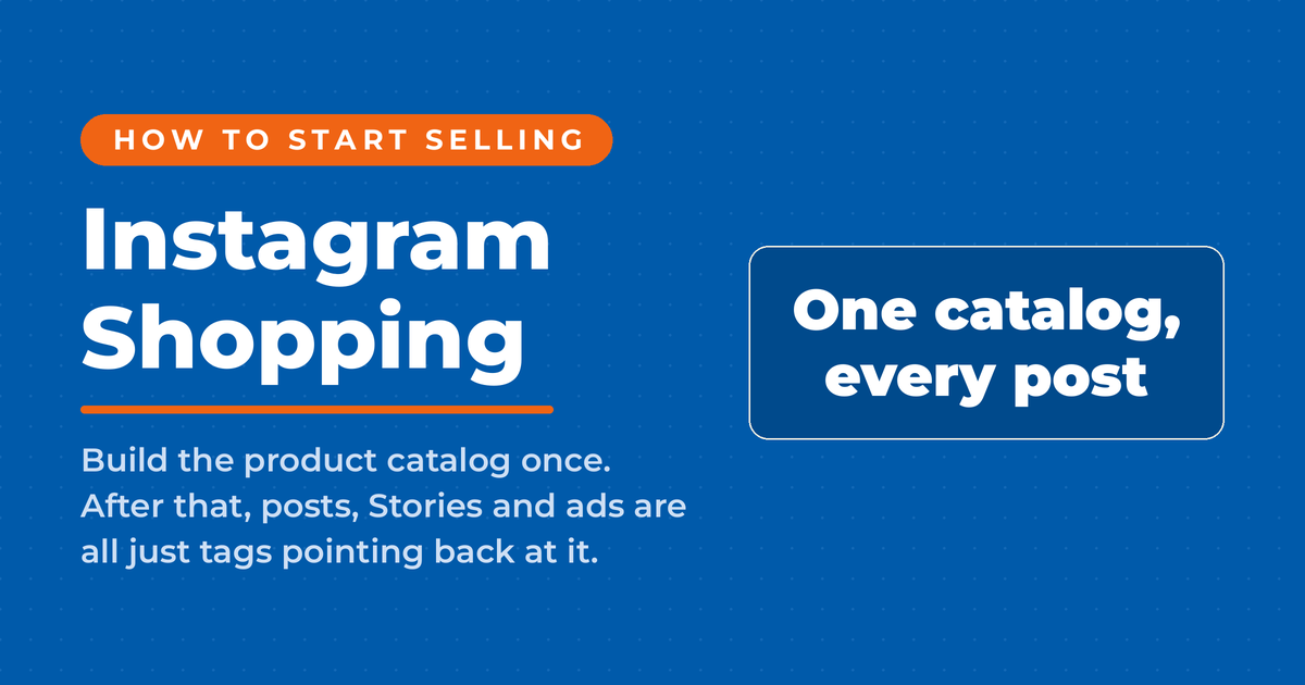 Blue featured graphic reading "Instagram Shopping" under the kicker "How to start selling," with a large answer box reading "One catalog, every post" and a note that the product catalog is built once and posts, Stories and ads are all just tags pointing back at it.