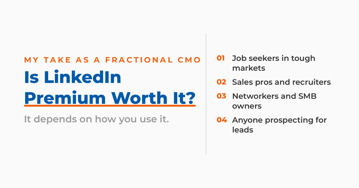 Featured graphic titled "Is LinkedIn Premium Worth It?" with the kicker "My take as a Fractional CMO" and the subline "It depends on how you use it." A numbered list on the right shows who Premium suits: job seekers in tough markets, sales pros and recruiters, networkers and SMB owners, and anyone prospecting for leads.