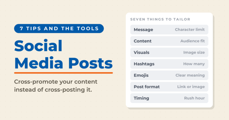 Featured graphic titled Social Media Posts under a "7 tips and the tools" chip, with a panel headed Seven Things to Tailor listing message against character limit, content against audience fit, visuals against image size, hashtags against how many, emojis against clear meaning, post format against link or image, and timing against rush hour.