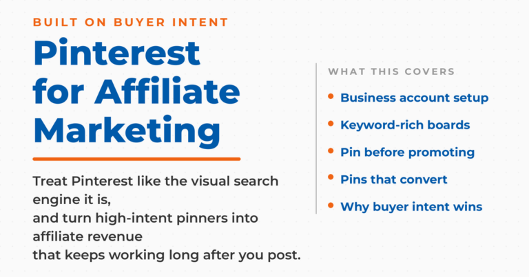 Featured graphic titled "Pinterest for Affiliate Marketing," kicker "built on buyer intent," with a what-this-covers list: business account setup, keyword-rich boards, pin before promoting, pins that convert, and why buyer intent wins.