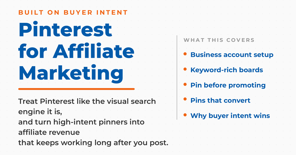 Featured graphic titled "Pinterest for Affiliate Marketing," kicker "built on buyer intent," with a what-this-covers list: business account setup, keyword-rich boards, pin before promoting, pins that convert, and why buyer intent wins.