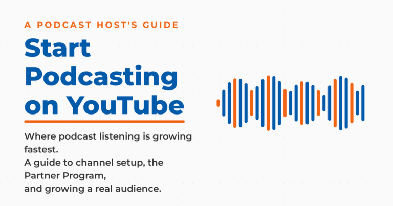 Neal Schaffer featured graphic reading "Start Podcasting on YouTube," a podcast host's guide, with an audio waveform and subcopy on channel setup, the Partner Program, and growing an audience.