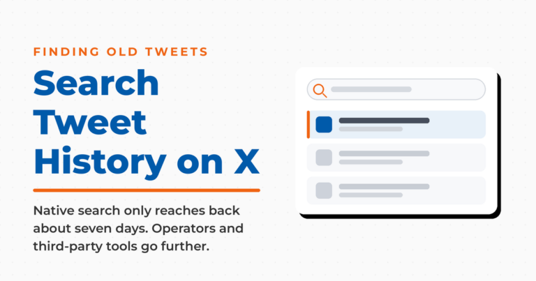 Featured graphic titled "Search Tweet History on X," with a kicker reading "Finding Old Tweets" and a mock X search panel, noting that native search reaches back about seven days while operators and third-party tools go further.