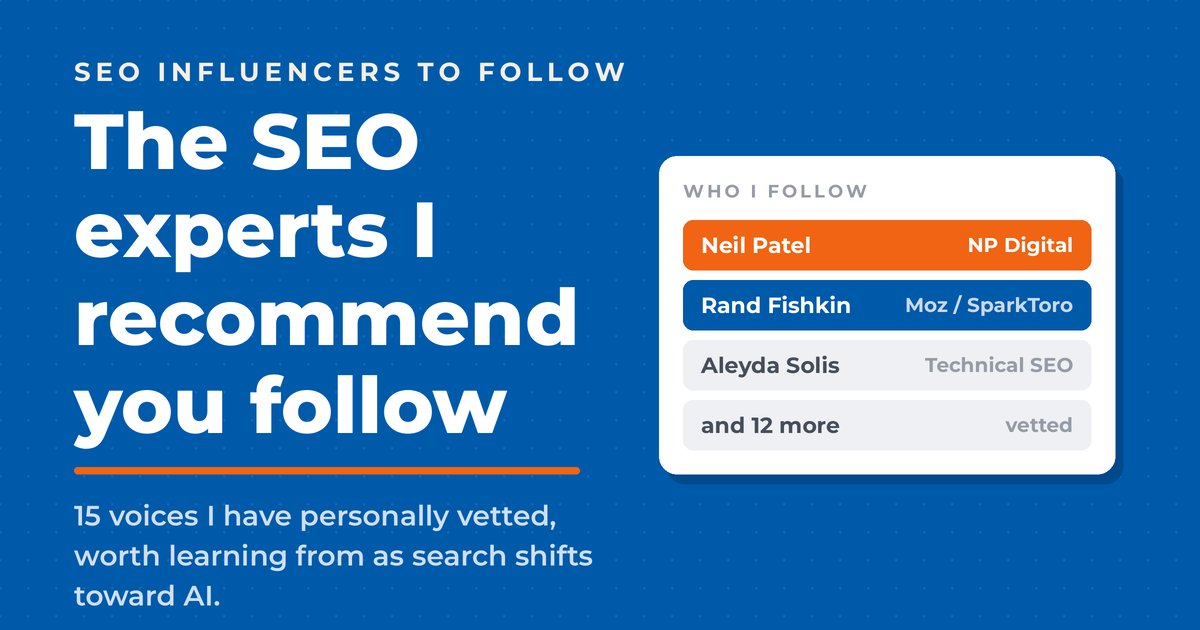 Branded graphic titled "The SEO experts I recommend you follow" listing vetted SEO influencers.