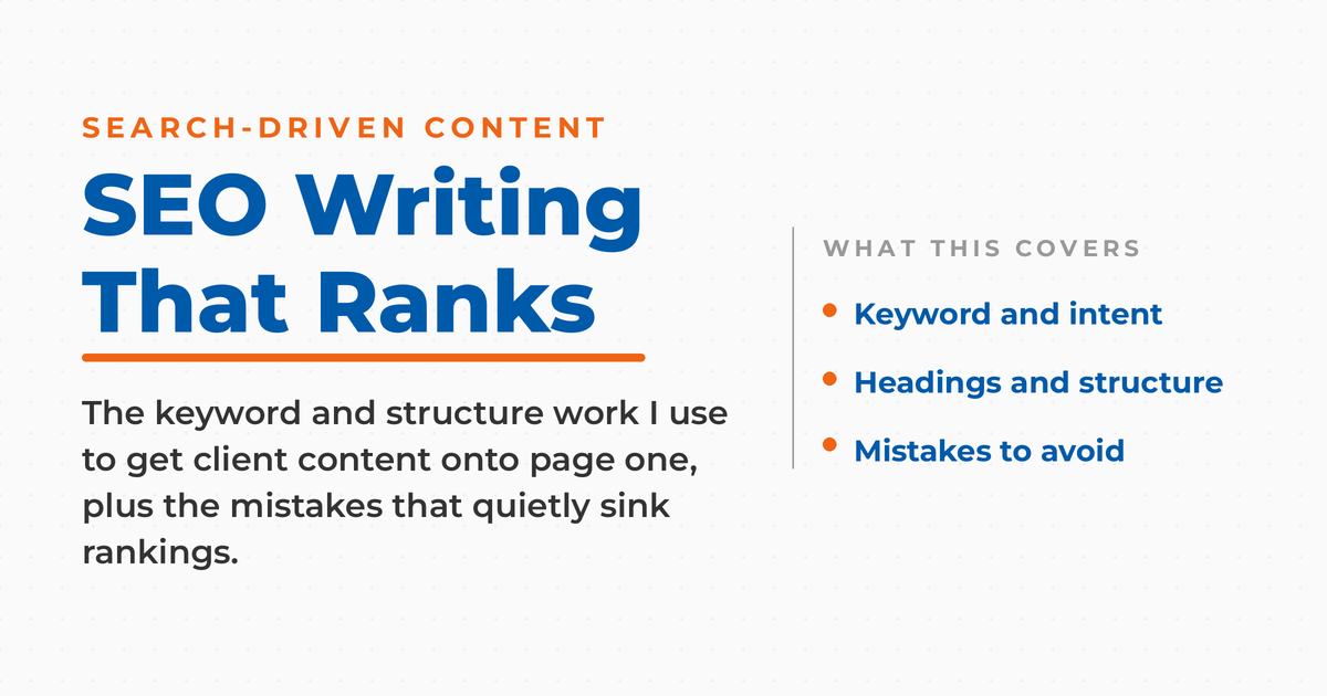 Branded title card reading SEO Writing That Ranks, listing keyword and intent, headings and structure, and mistakes to avoid.