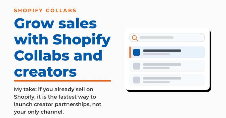 Branded graphic on growing sales with Shopify Collabs and creators, with a creator-search interface mockup.