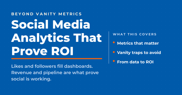 Branded title card reading Social Media Analytics That Prove ROI, listing metrics that matter, vanity traps to avoid, and moving from data to ROI.