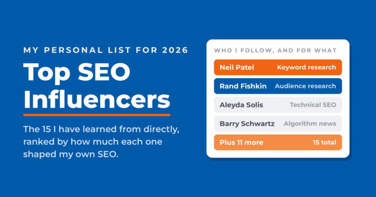 Top SEO Influencers featured graphic showing who Neal Schaffer follows and for what: Neil Patel for keyword research, Rand Fishkin for audience research, Aleyda Solis for technical SEO, Barry Schwartz for algorithm news, plus 11 more in a list of 15.