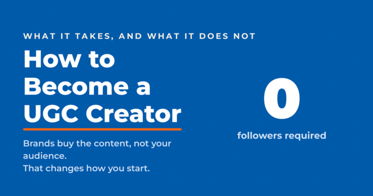 Featured graphic titled "How to Become a UGC Creator," with a kicker reading "what it takes, and what it does not" and a large white zero labeled "followers required."