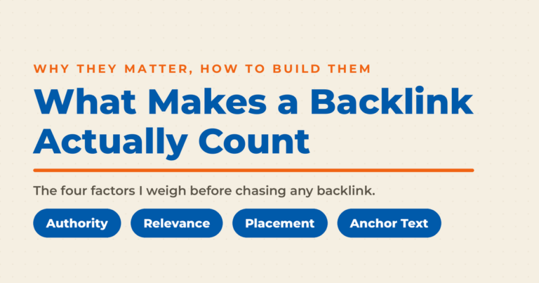 Branded graphic titled "What Makes a Backlink Actually Count," showing four framework pills labeled Authority, Relevance, Placement, and Anchor Text.