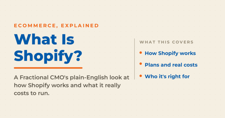 Branded title card reading What Is Shopify, with a checklist of how Shopify works, plans and real costs, and who it is right for.