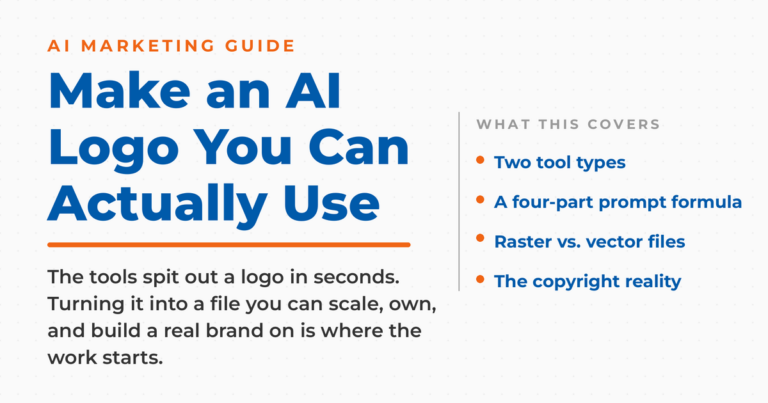 Featured graphic reading "Make an AI Logo You Can Actually Use," with a short list covering the two tool types, a prompt formula, raster versus vector files, and the copyright reality
