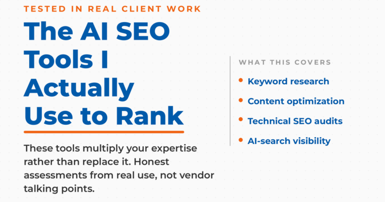 Featured graphic titled "The AI SEO Tools I Actually Use to Rank," listing what the guide covers: keyword research, content optimization, technical SEO audits, and AI-search visibility.