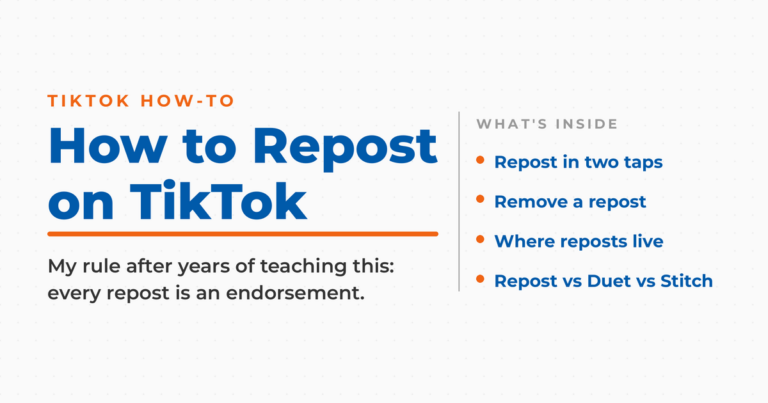 Featured graphic titled How to Repost on TikTok, with a short what's-inside list: repost in two taps, remove a repost, where reposts live, and repost versus Duet or Stitch.