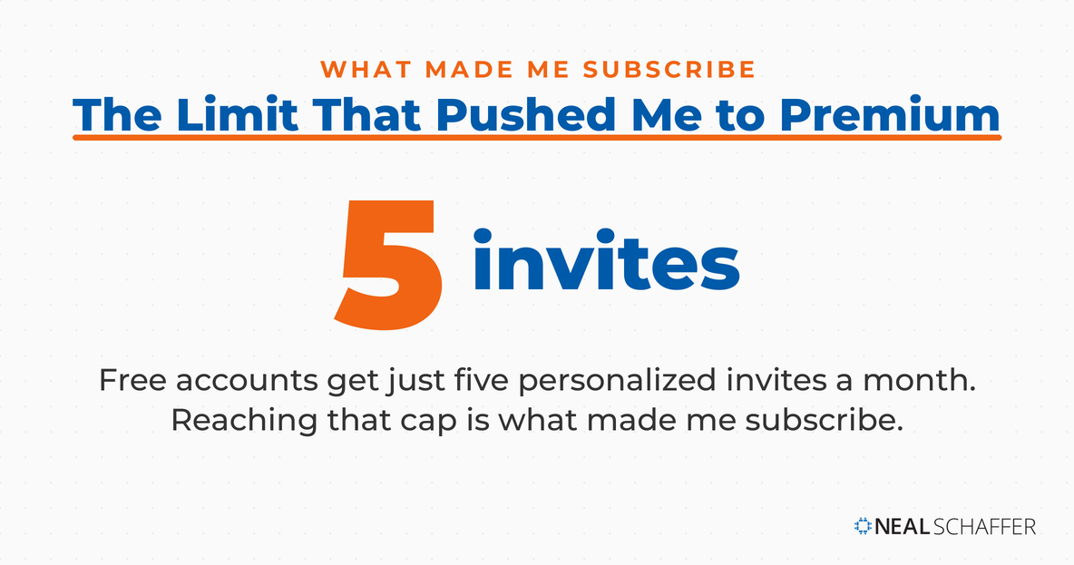 Stat graphic "The Limit That Pushed Me to Premium" highlighting that free LinkedIn accounts get only five personalized invites a month, the cap that made Neal subscribe. Neal Schaffer logo bottom right.