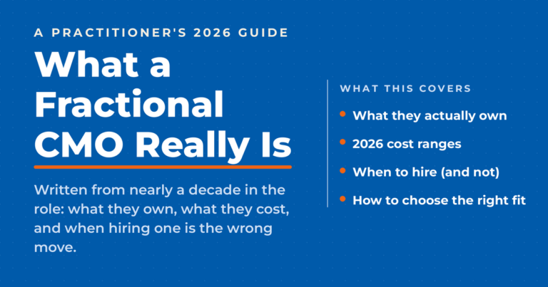 Inverted blue featured graphic titled "What a Fractional CMO Really Is," with a practitioner's-guide kicker and a short list of what the post covers: what they own, 2026 cost ranges, when to hire, and how to choose the right fit.