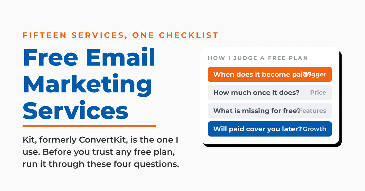 Free email marketing services, with the four questions to ask of any free plan: when it becomes paid, the price, what is missing, and whether paid covers you later.
