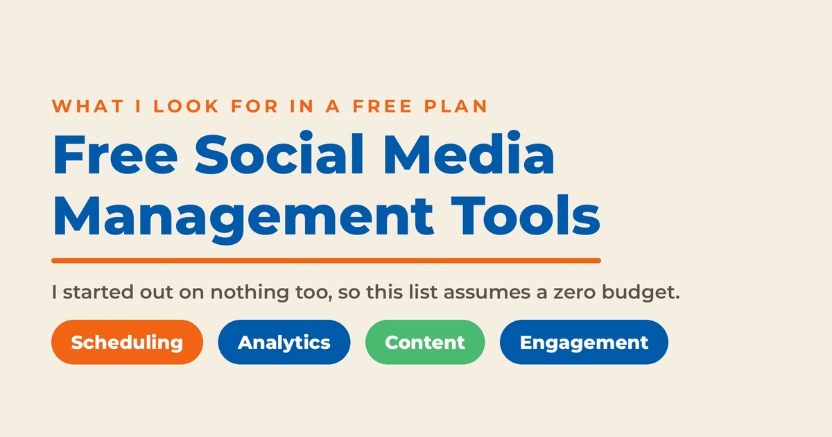 Featured graphic titled Free Social Media Management Tools, with a kicker reading what I look for in a free plan and four criteria pills labeled Scheduling, Analytics, Content, and Engagement.