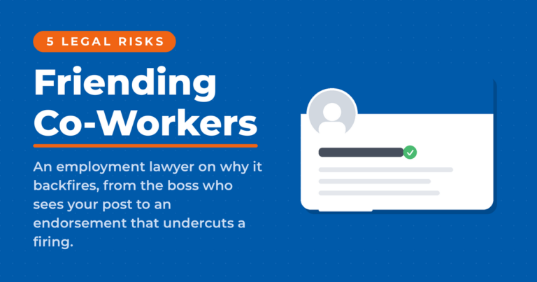 5 legal risks of friending co-workers on social media, from the boss who sees your post to an endorsement that undercuts a firing, with a profile card graphic.
