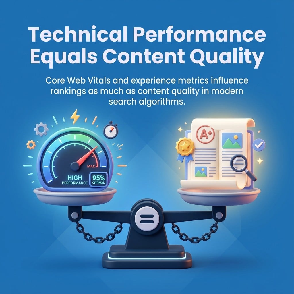 Technical performance equals content quality: Core Web Vitals impact rankings and retention.