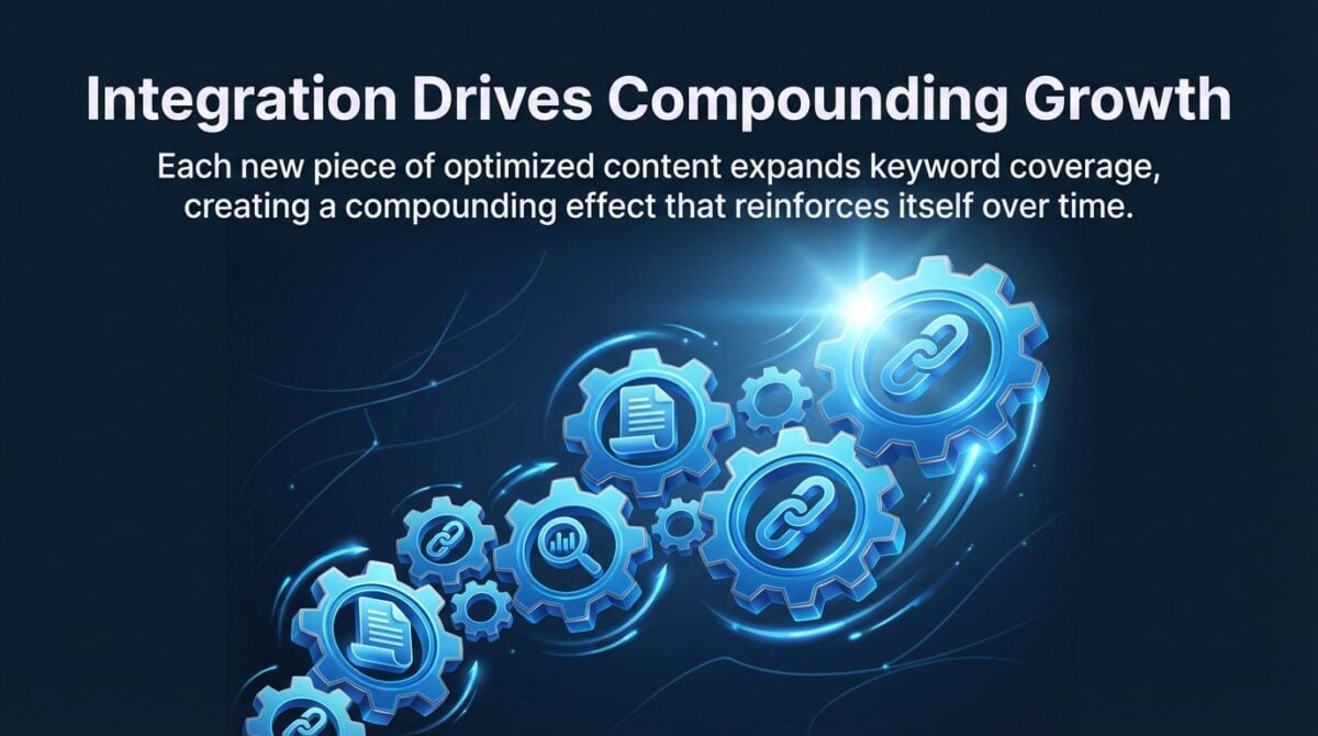 Integration drives compounding growth: every optimized piece broadens keyword coverage and reinforces overall visibility.