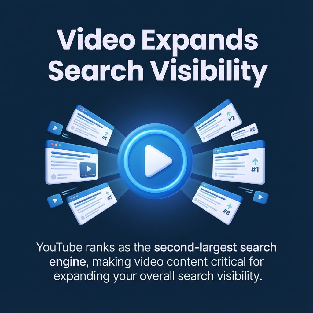 Video expands search visibility: YouTube is the second-largest search engine, so optimized videos widen your reach.