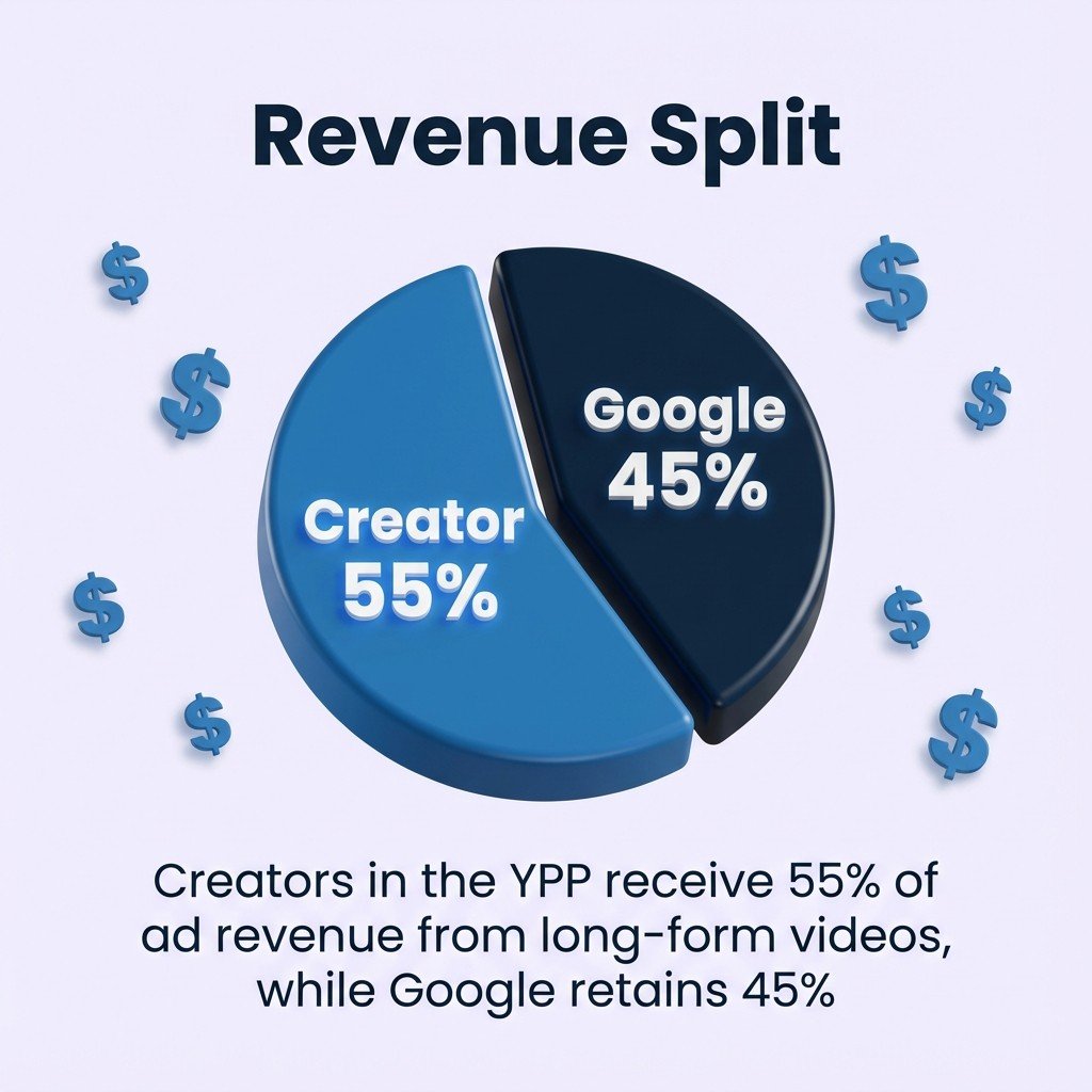 Long-form ad revenue split: creators 55%, YouTube 45%.
