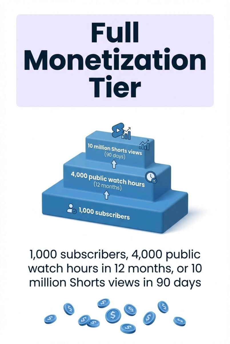 Full YPP monetization: 1,000 subscribers plus 4,000 hours (12 months) or 10M Shorts views (90 days) to unlock ad revenue.