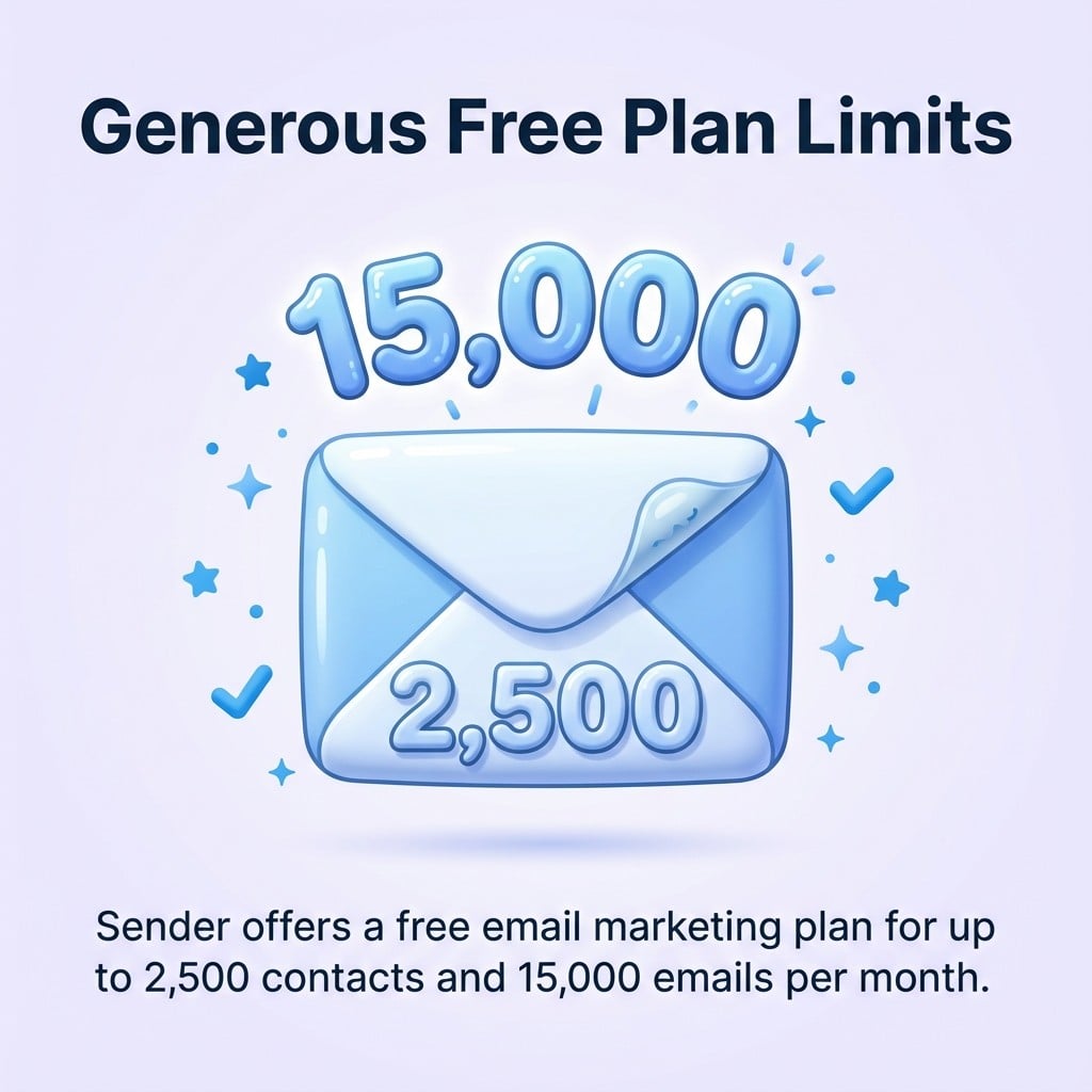 Sender free plan: 2,500 contacts and 15,000 emails per month.