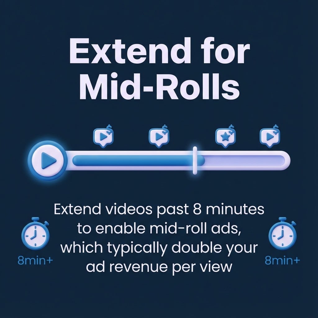 Stretch videos past 8 minutes to enable mid-rolls, which often double ad revenue per view.