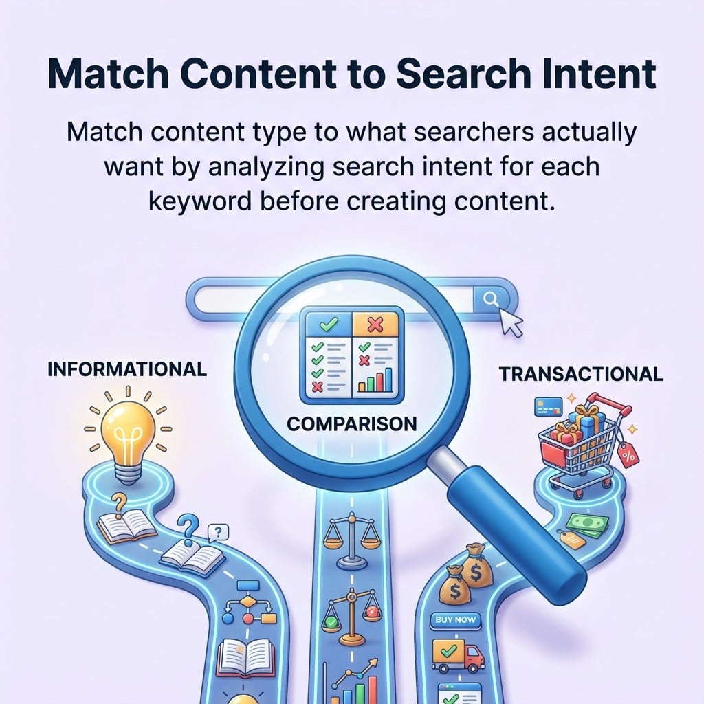 Match content to search intent: align formats with what searchers want to improve relevance and rankings.