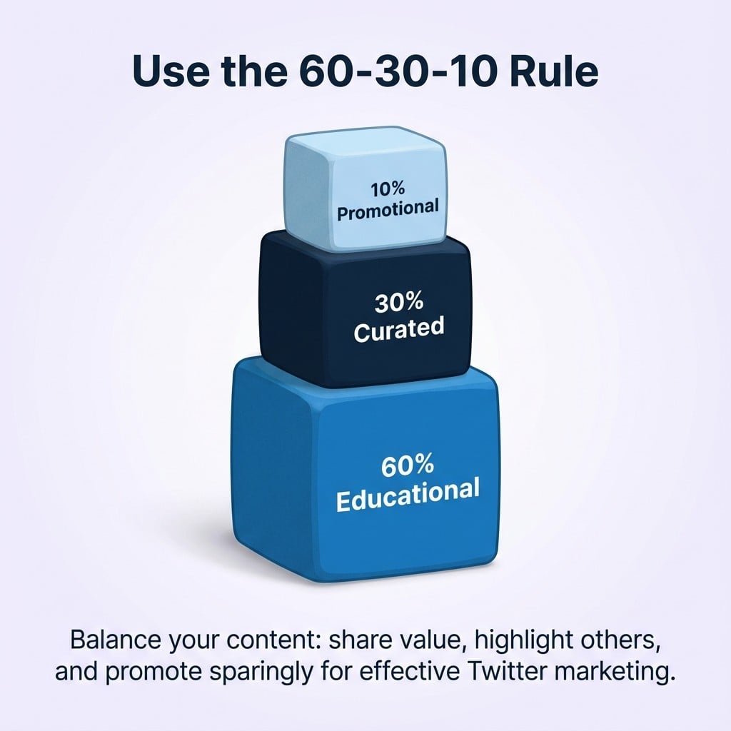 Plan with the 60-30-10 rule: 60% educational, 30% curated with perspective, 10% promotional.