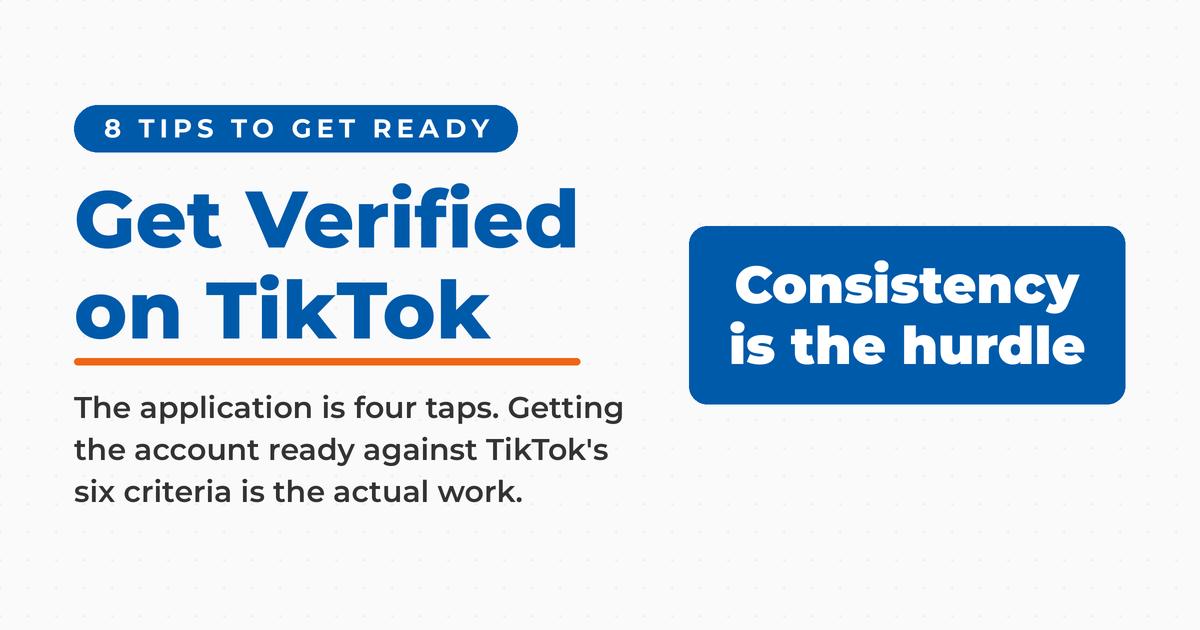 Featured graphic reading Get Verified on TikTok, with a blue answer box stating that consistency is the hurdle, and a note that the application is four taps while meeting TikTok's six criteria is the actual work.