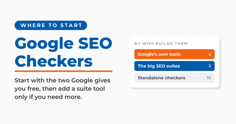 Google SEO checkers featured card grouping fifteen free checkers by who builds them: two from Google, three from the big SEO suites, and ten standalone tools.