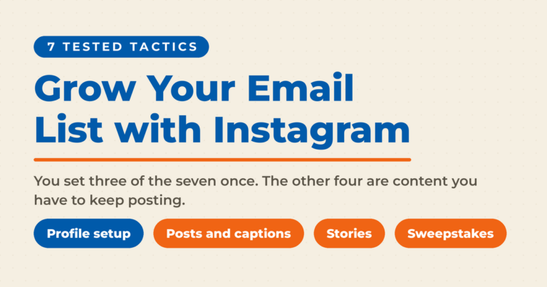 Cream featured graphic reading "Grow Your Email List with Instagram" under a "7 tested tactics" chip, with the note that three of the seven are set once and four are ongoing content, above four pills: profile setup, posts and captions, Stories, and sweepstakes.