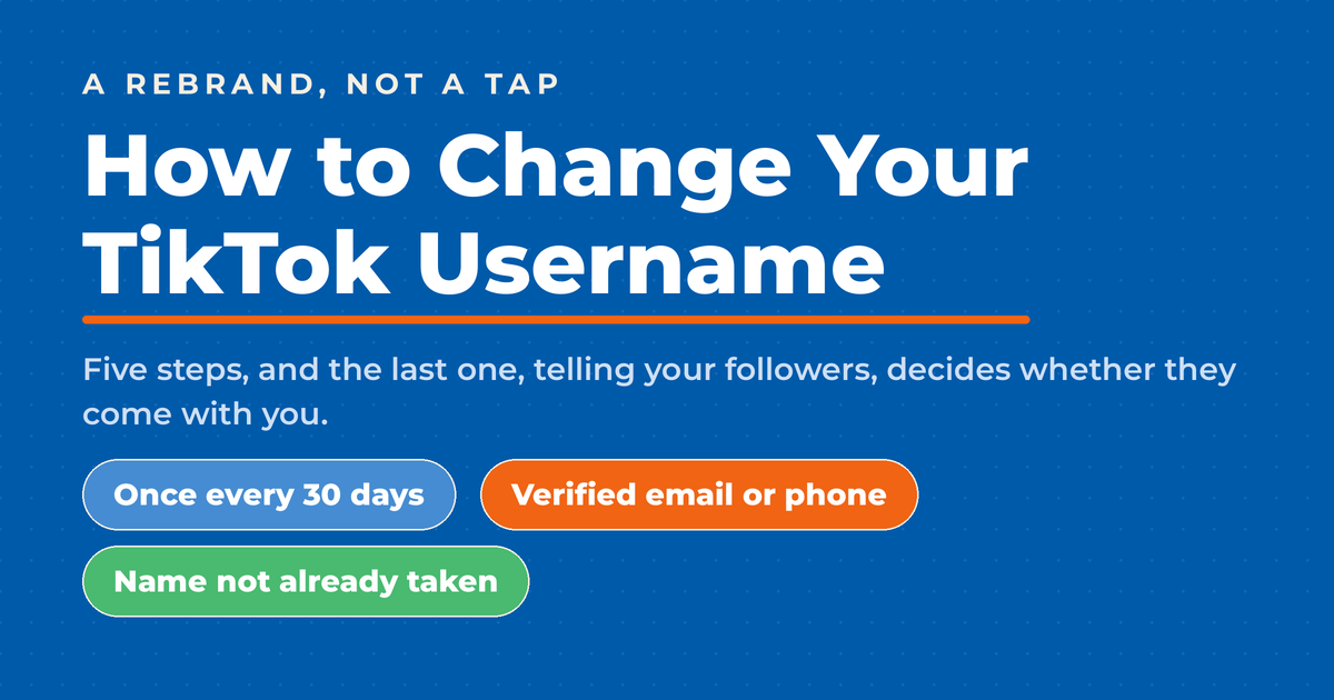 Blue featured graphic reading How to Change Your TikTok Username, with the note that the last step is telling your followers, and three eligibility pills: once every 30 days, verified email or phone, and name not already taken.