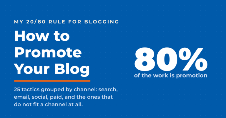 Featured graphic on blue reading How to Promote Your Blog, with Neal Schaffer's 20/80 rule that eighty percent of the work is promotion, and twenty-five tactics grouped by channel.