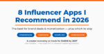 Featured graphic titled "8 Influencer Apps I Recommend in 2026," with chips for the four app models — commission, campaign, sampling, and ambassador — and a note that the creator economy is on track for $480B by 2027.